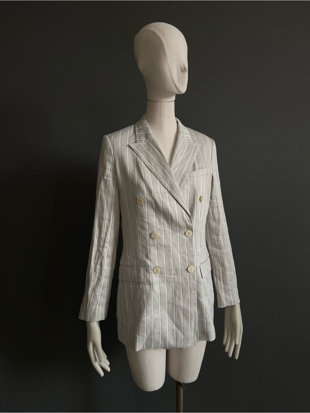 Theory DB Tailor Gray Linen Blend Pinstripe Double Breasted Blazer Jacket Size 4